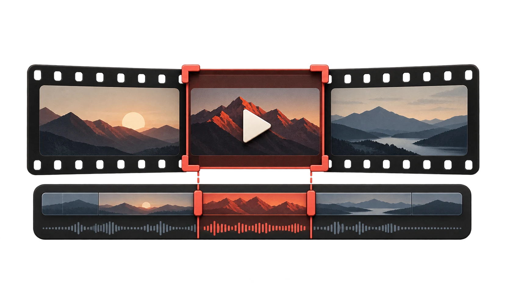 A video moment selected on a filmstrip timeline with a play button and waveform.